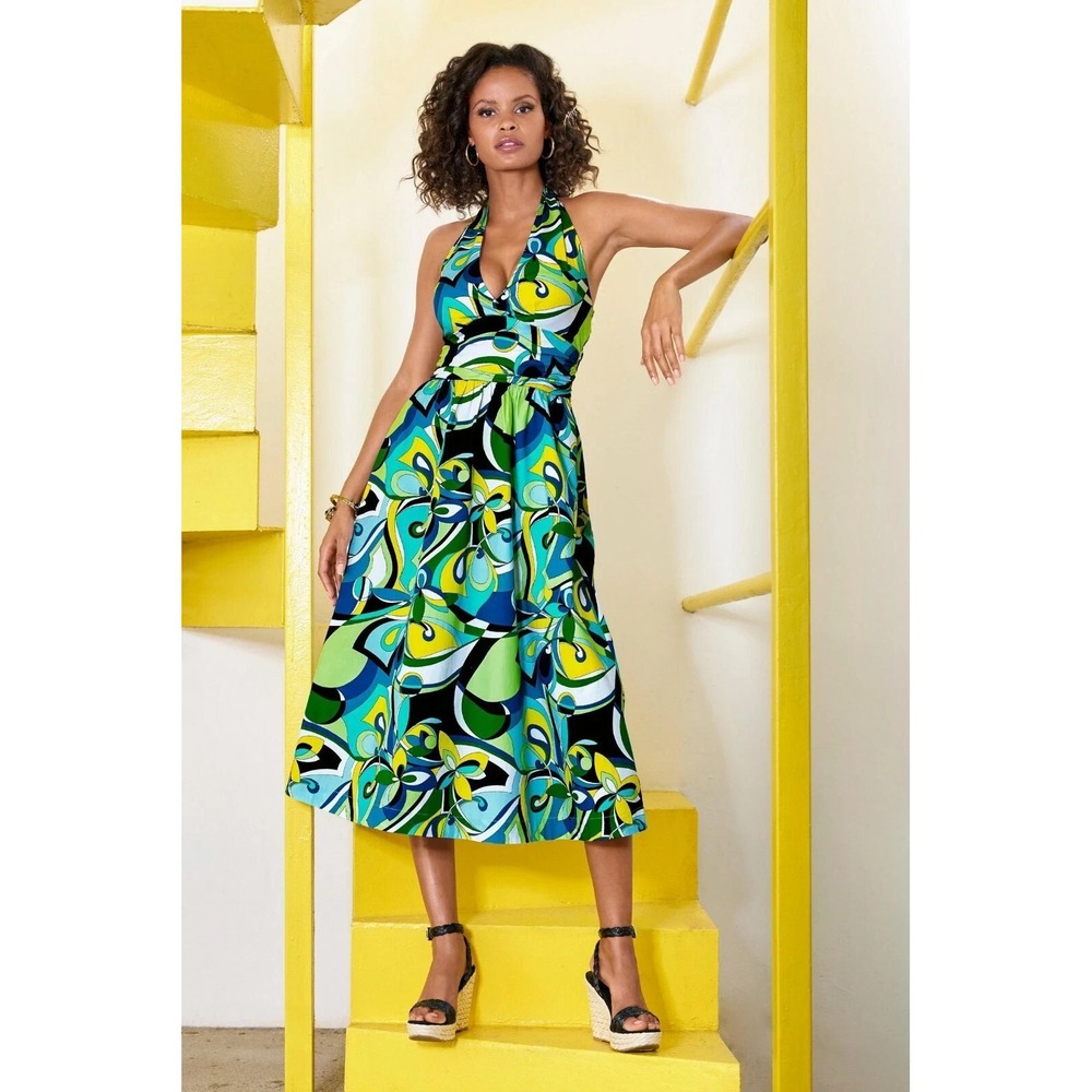 Boston Proper Valencia Abstract Halter Fit & Flare Midi Dress Floral Spring Sz 4